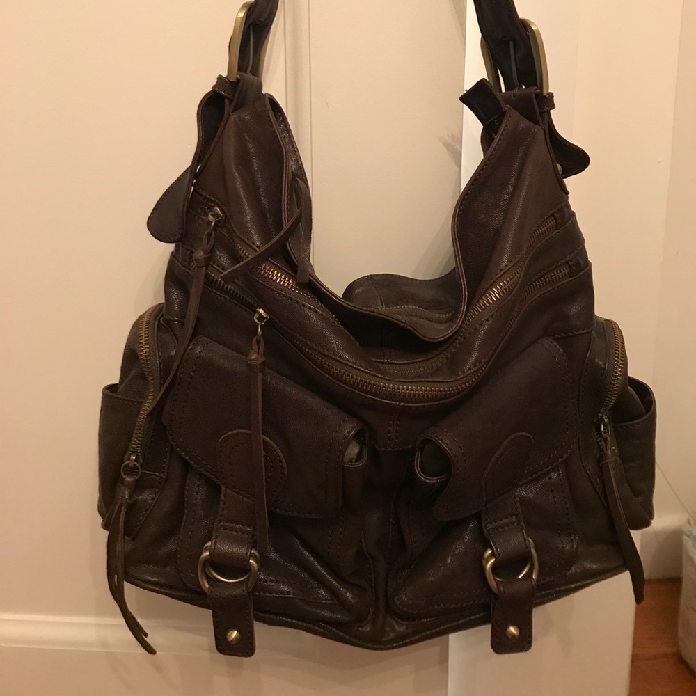 Dark brown leather handbag